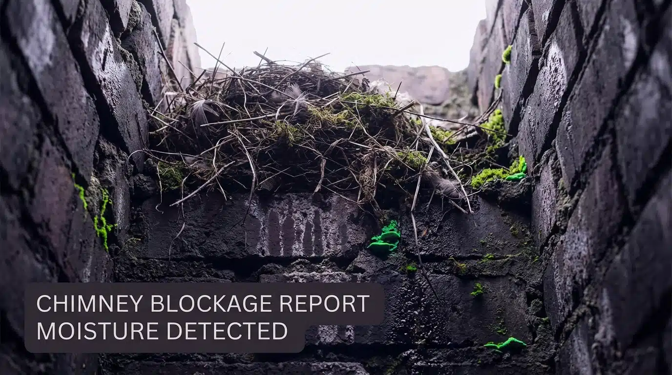 An unused fireplace in a Houston home showing potential chimney issues from lack of maintenance including debris and moisture damage