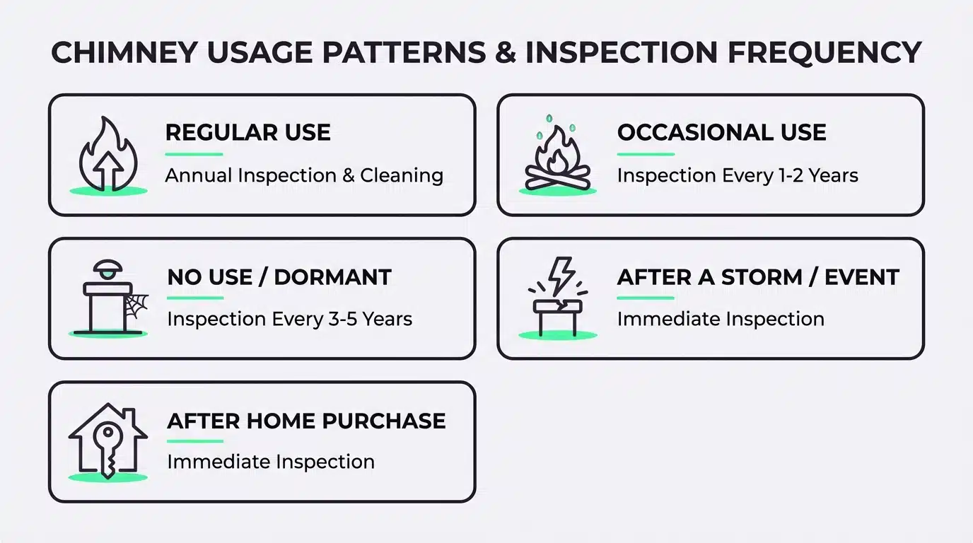 Chart comparing chimney inspection frequency recommendations based on different fireplace usage patterns in Houston