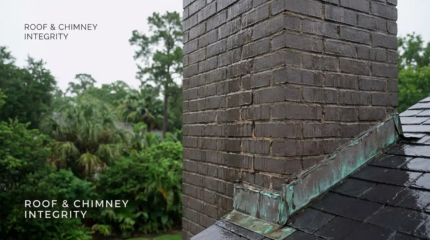 Moisture damage visible on a Houston chimney exterior showing deteriorating masonry and staining