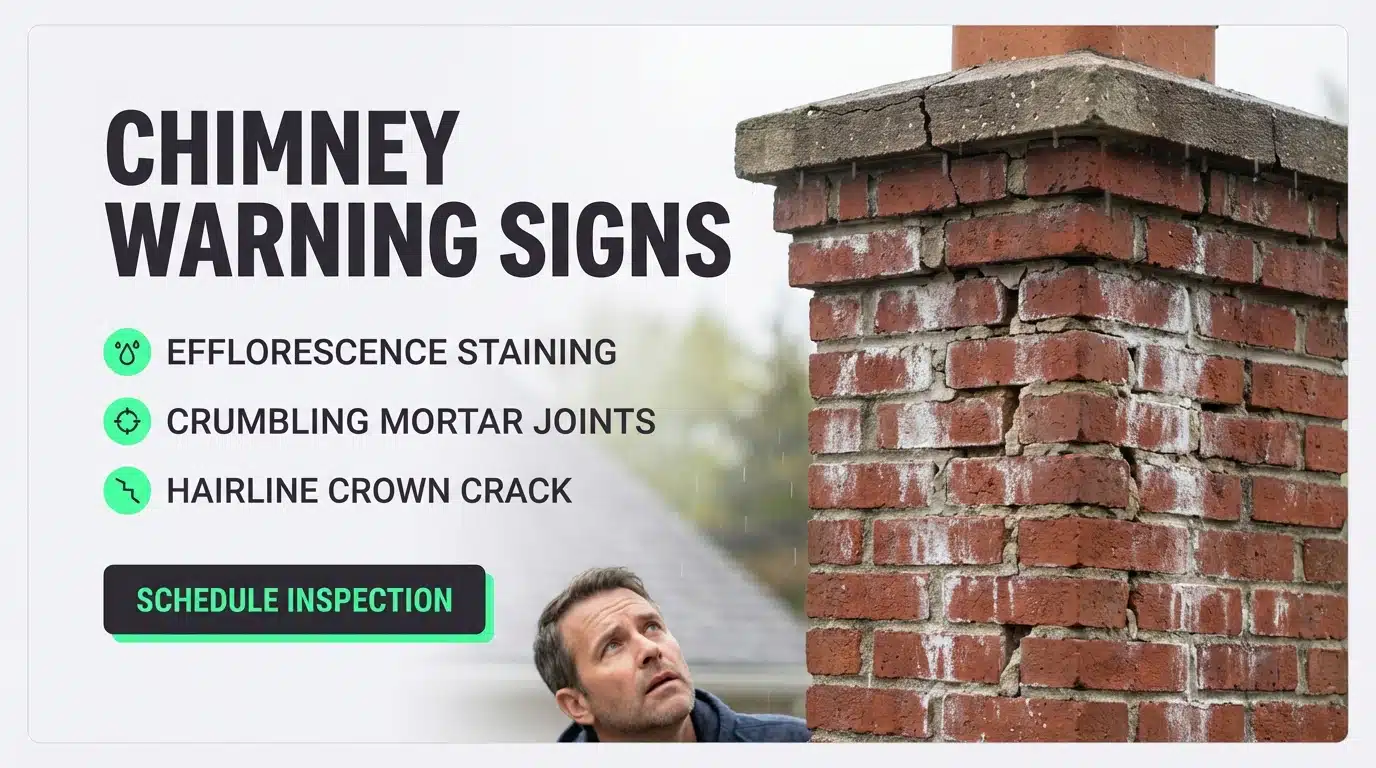 Houston homeowner inspecting chimney exterior for signs of damage including cracked mortar and efflorescence staining