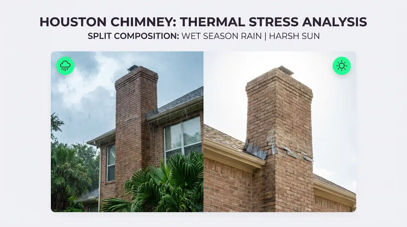 Houston residential chimney exposed to heavy rain and humid conditions showing impact of local climate on masonry