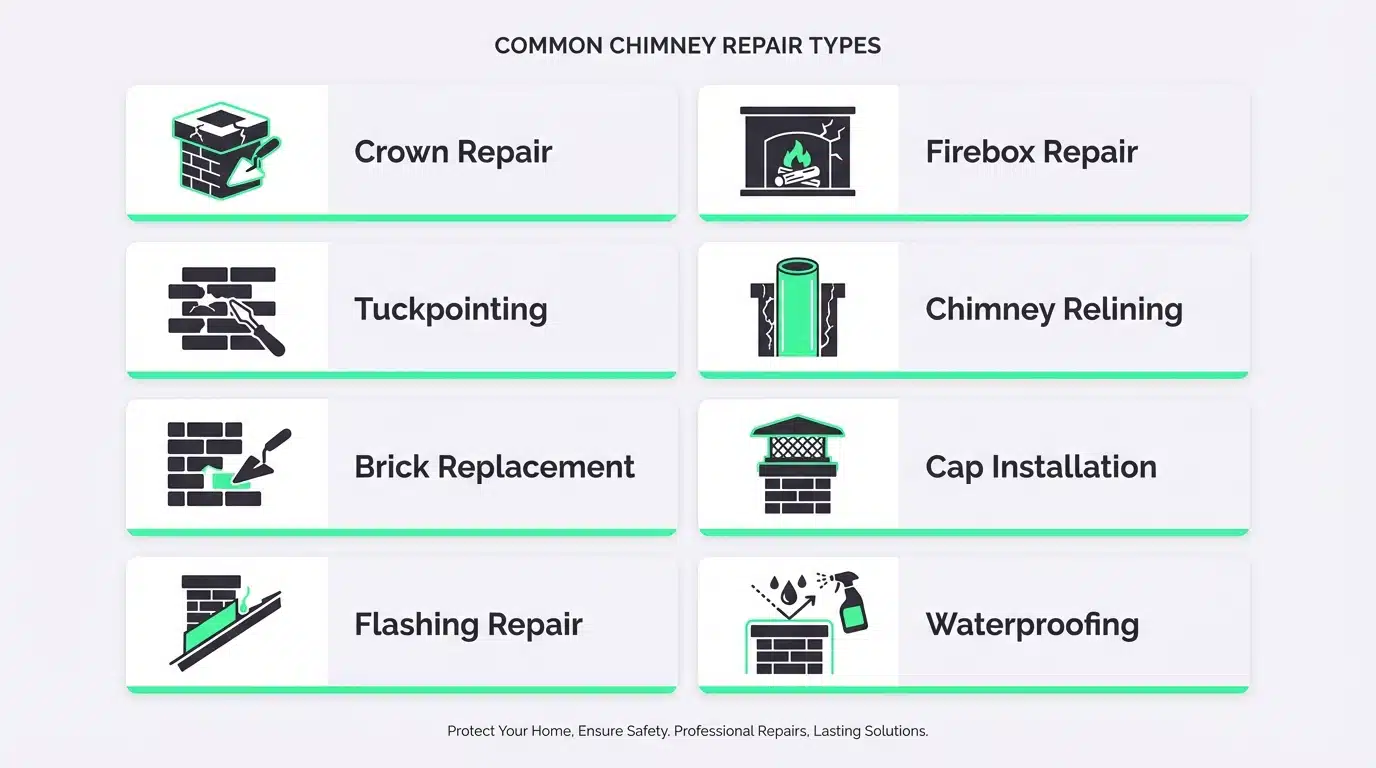 Professional chimney technician performing tuckpointing and brick repair on a Houston area residential chimney