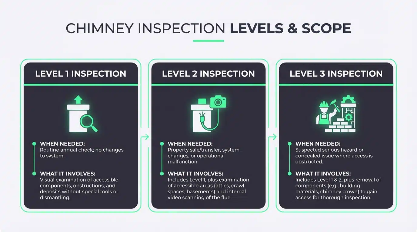 Diagram illustrating the three levels of chimney inspection, showing what each level covers from basic visual checks to internal video scanning