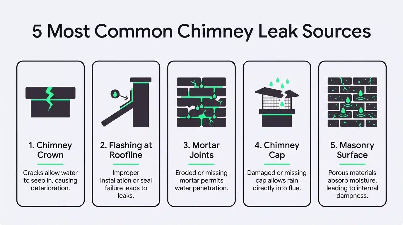 Chimney with visible flashing damage and water staining on surrounding roof area in a Houston residential home