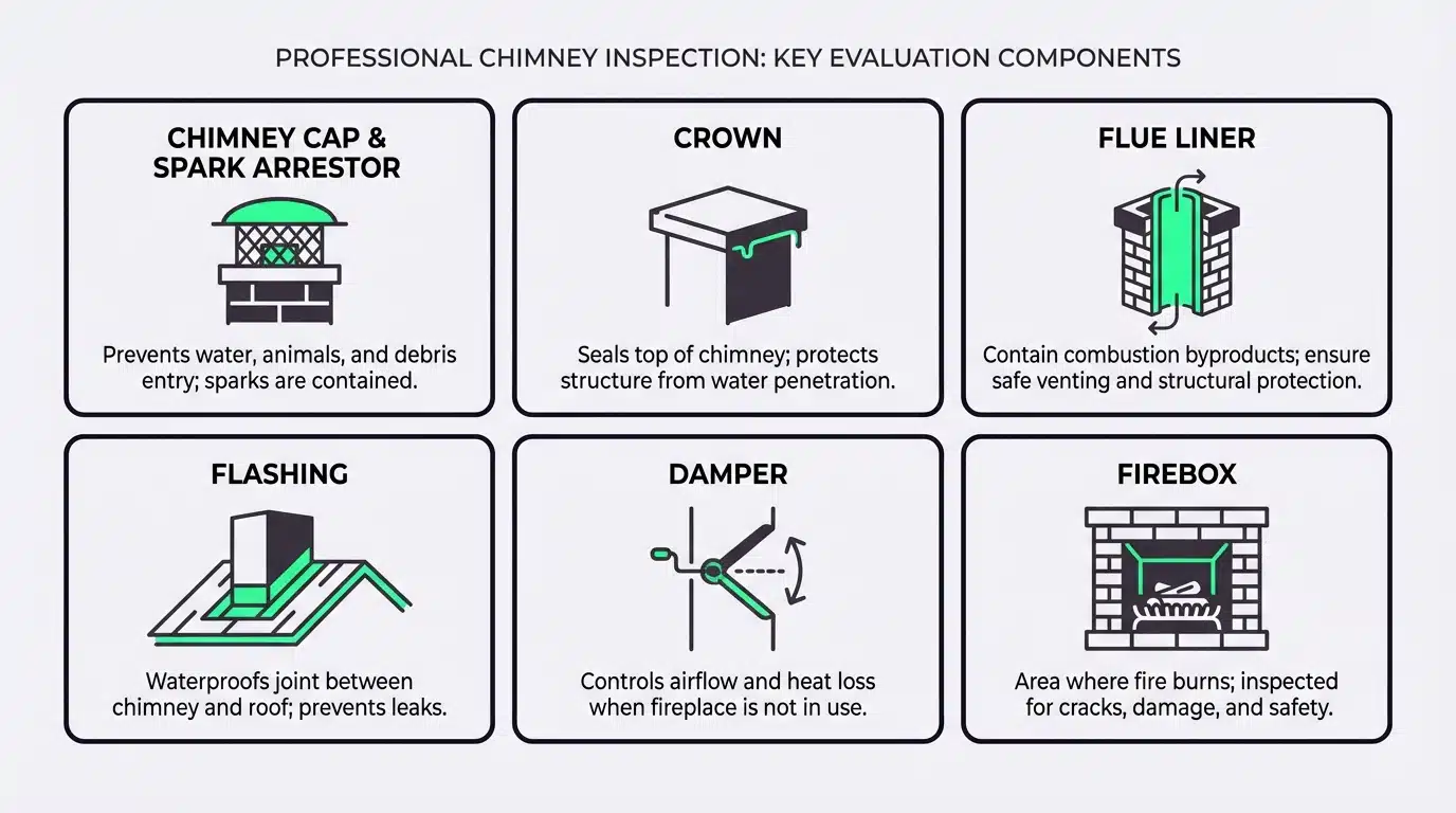 Professional chimney technician inspecting a residential chimney flue in Houston, TX